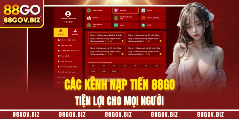 Các kênh nạp tiền 88GO tiện lợi cho mọi người